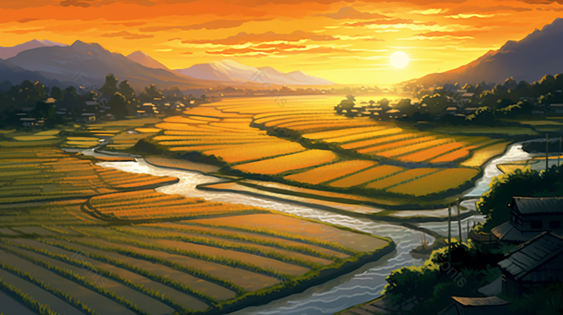 黄色夕阳太阳照应稻田手绘插画,插画/手绘图,插画/手绘图库,插画/手绘图下载,插画/手绘